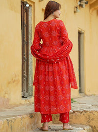 Thumbnail for Notch Neck Bandhani Embroidered Regular Thread Work Pure Cotton Kurta Set