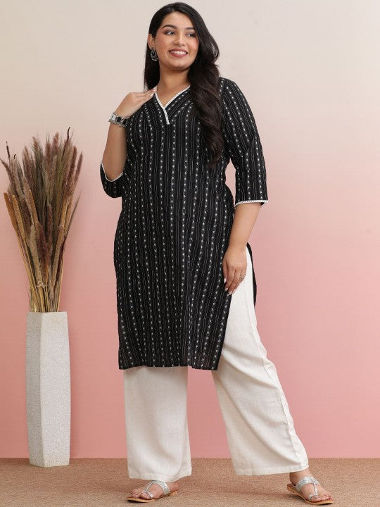 Women Woven Design Striped Straight Kurta