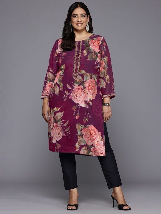 Plus Size Floral Printed Georgette Kurta