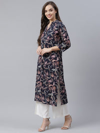Thumbnail for women-navy-blue-ethnic-motifs-print-kurta