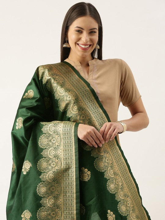 Pink & Gold-Toned Woven Design Pure Silk Dupatta with Zari