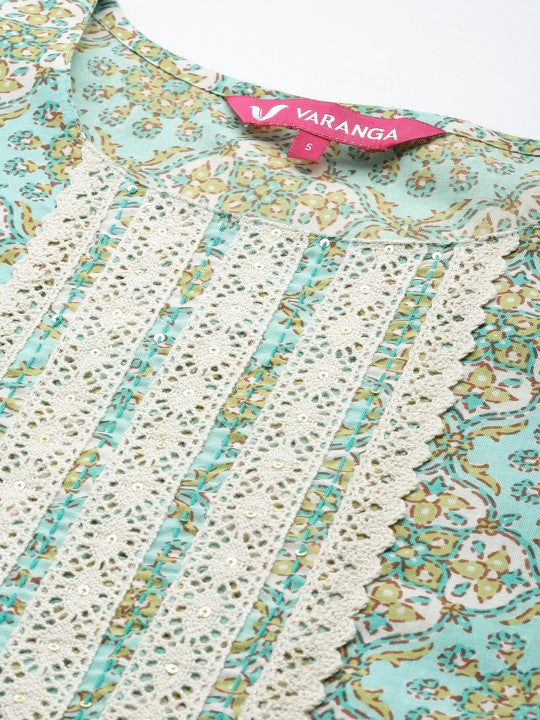 Women Blue Floral Print Straight Kurta With Lace Detail