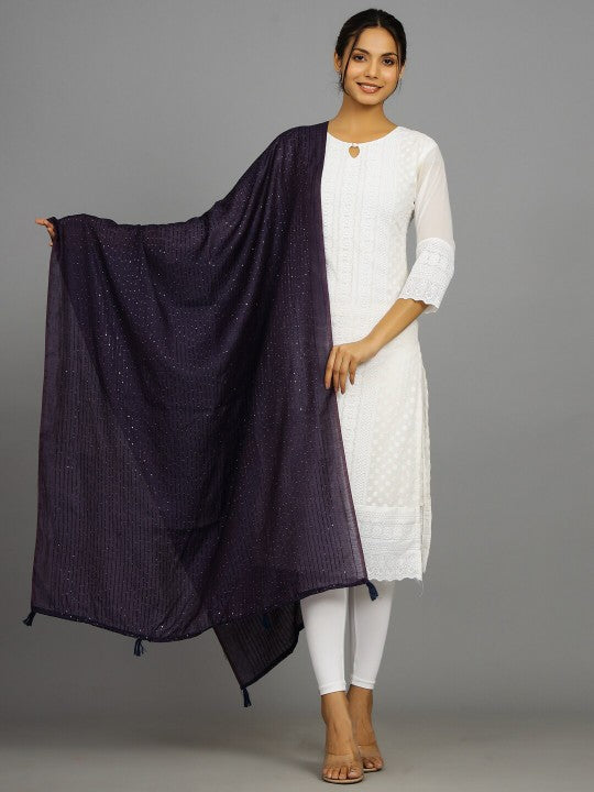 Striped Embroidered Dupatta with Sequinned