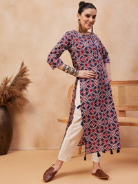 Thumbnail for Floral Printed Round Neck Pure Cotton Straight Kurta