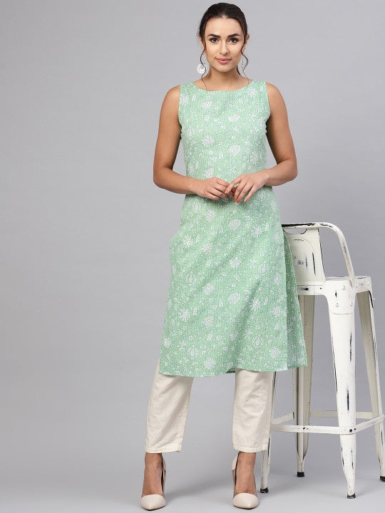 Women Ethnic Motifs Printed Kantha Work Dobby Kurta