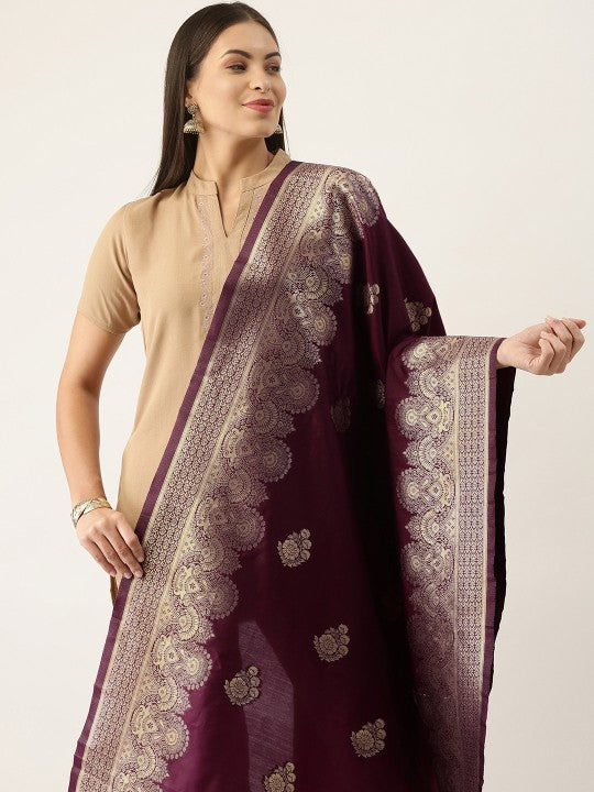 Pink & Gold-Toned Woven Design Pure Silk Dupatta with Zari