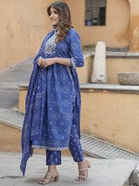 Thumbnail for notch-neck-bandhani-embroidered-regular-thread-work-pure-cotton-kurta-set