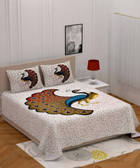 Thumbnail for vamika-printed-cotton-cream-bedsheet-with-pillow-covers-(pm-mor-white