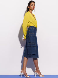 Thumbnail for blue-denim-cargo-pockets-midi-skirt