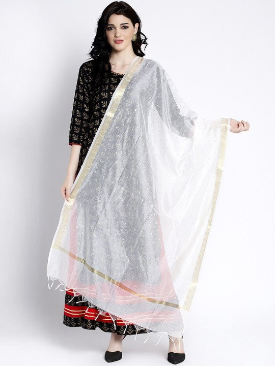 Women Off White & Gold-Coloured Printed Dupatta