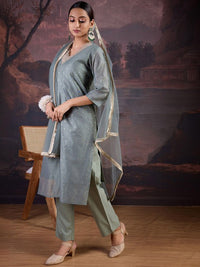 Thumbnail for Floral Woven Design V-Neck Straight Kurta With Trouser & Dupatta