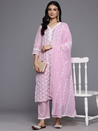 Thumbnail for Floral Embroidered Thread Work Pure Cotton Kurta With Trousers & Dupatta