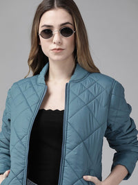 Thumbnail for women-teal-blue-solid-quilted-jacket