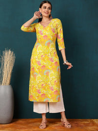 Thumbnail for floral-printed-v-neck-thread-work-straight-kurta