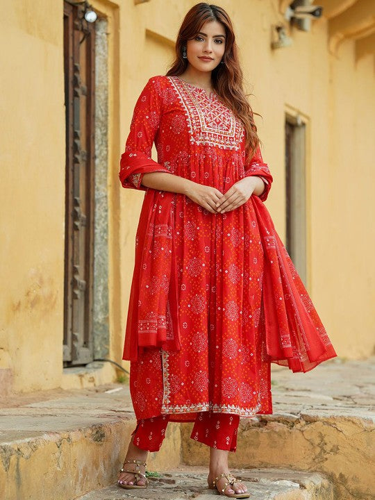 Notch Neck Bandhani Embroidered Regular Thread Work Pure Cotton Kurta Set
