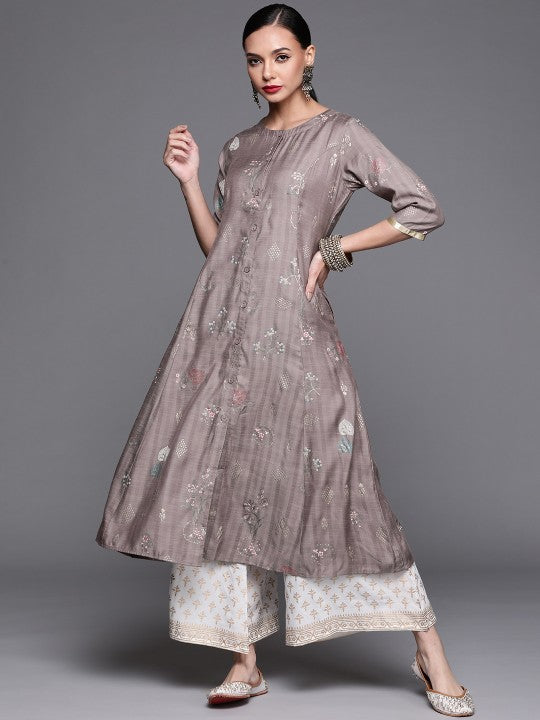 women-grey-&-golden-floral-motifs-printed-a-line-kurta-with-pocket