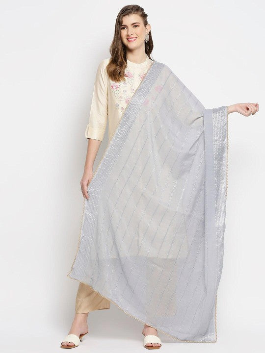 Women Cream-Coloured & Gold-Toned Printed Dupatta with Sequinned