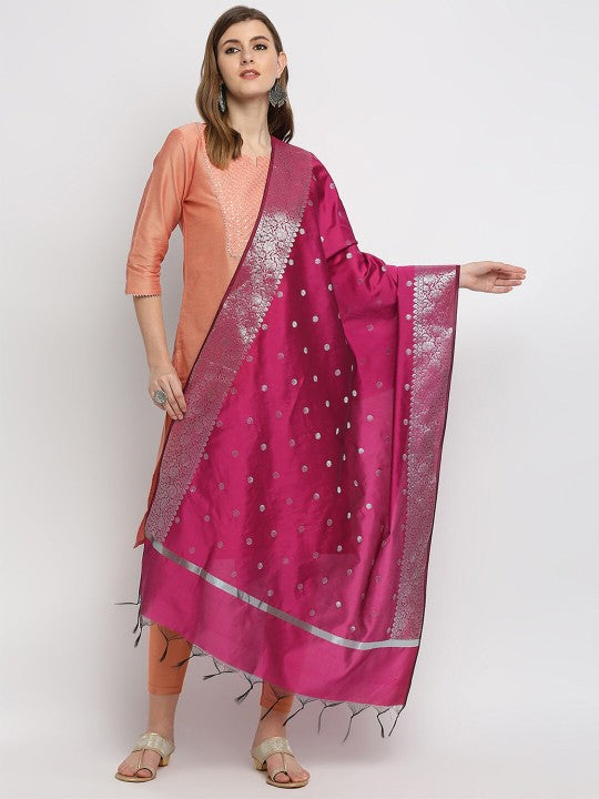 Women Navy Blue & Silver-Toned Woven Design Dupatta