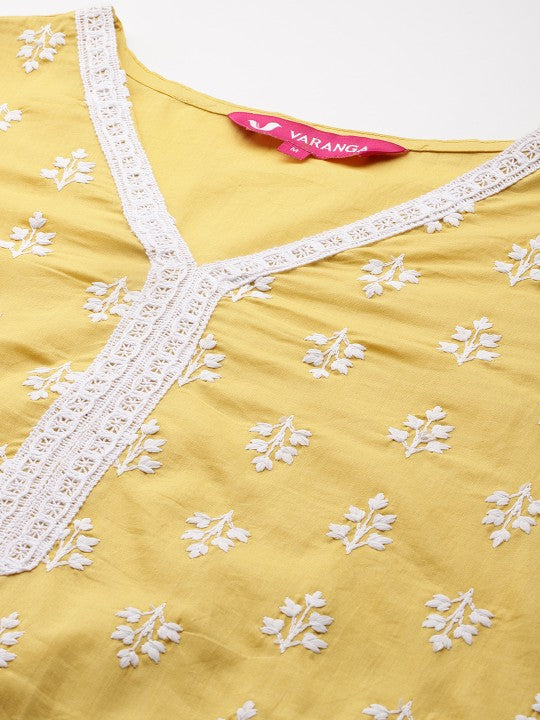 floral-embroidered-thread-work-pure-cotton-kurta-with-trousers-&-dupatta