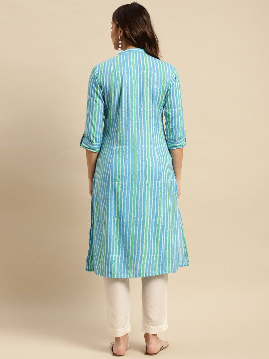 Round Neck Striped Printed Roll-Up Sleeve A-Line Kurta
