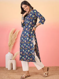 Thumbnail for Women Green & Red Floral Printed Pure Cotton Kurta