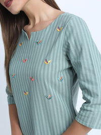 Thumbnail for women-blue-striped-embroidered-straight-tunic