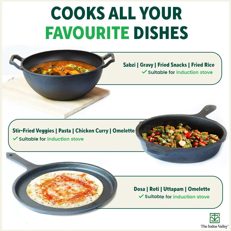 The Indus Valley CASTrong Cast Iron Cookware Set: Tawa+ Kadai+ Frypan, Kitchen Set for Home, Pre
