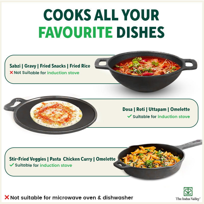 The Indus Valley Super Smooth Cast Iron Set: Frypan+ Kadai+ Tawa, Kitchen set for Home, Nonstick, 100% Pure,Toxin