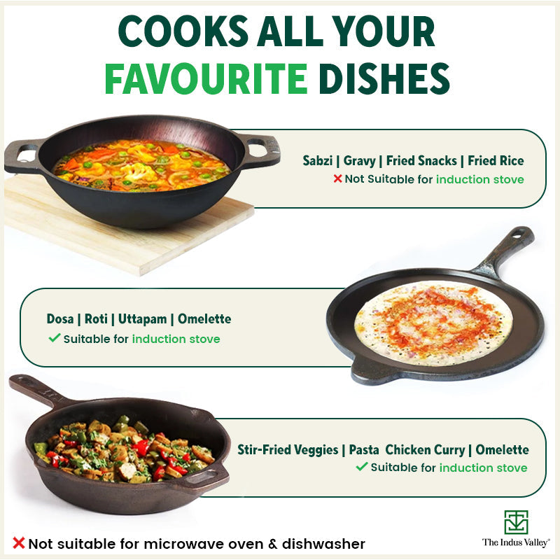 The Indus Valley Super Smooth Cast Iron Set: Kadai+ Tawa+ Frypan, Kitchen set for Home, Nonstick, 100% Pure, Toxin