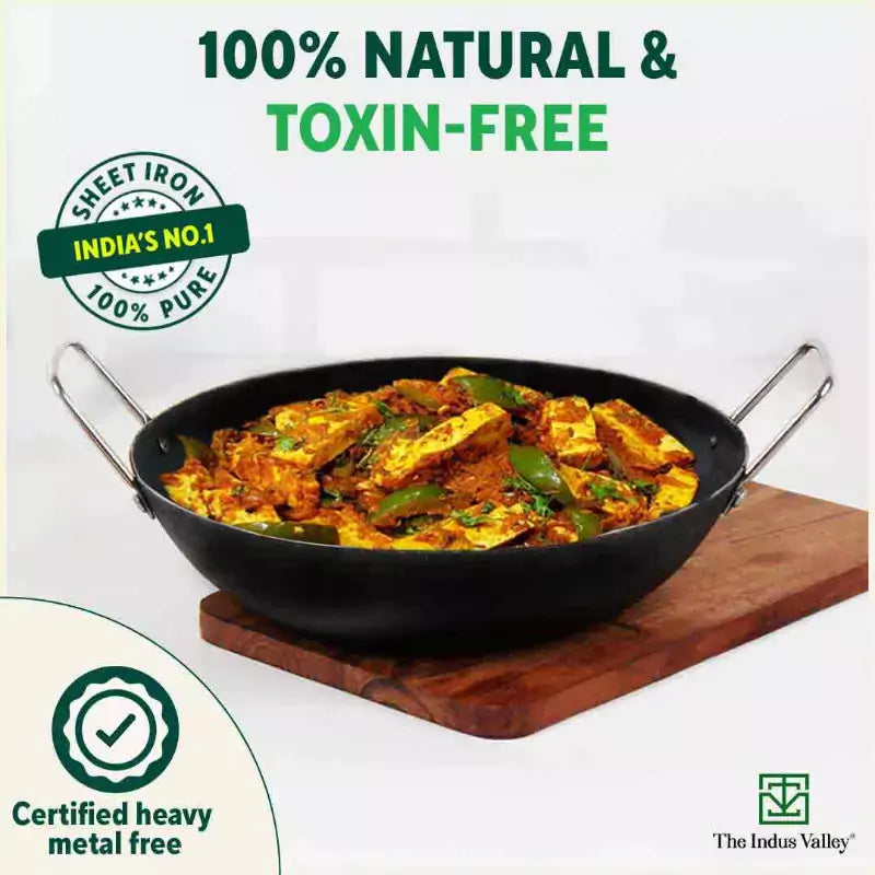 The Indus Valley 100% Pure Iron Cookware Set: Tawa+ Fry Pan+ Wok, Toxin