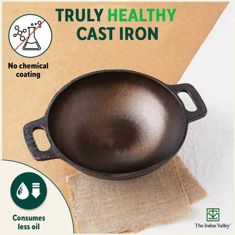 The Indus Valley Super Smooth Cast Iron Set: Frypan+ Kadai+ Tawa, Kitchen set for Home, Nonstick, 100% Pure,Toxin