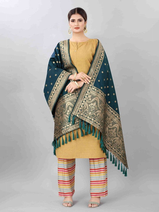Green & Gold-Toned Ethnic Motifs Woven Design Dupatta with Zari