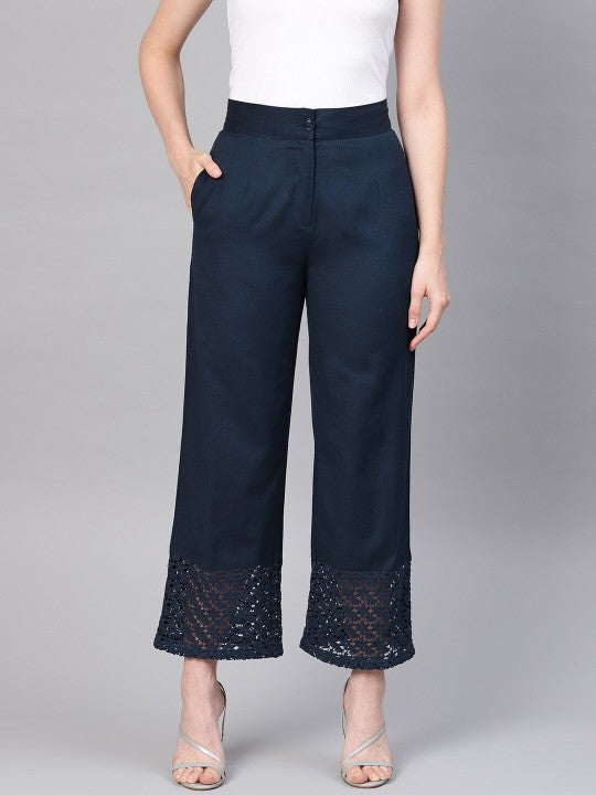 Women Black Solid Straight Palazzos