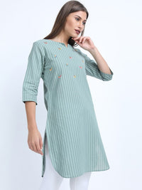 Thumbnail for women-blue-striped-embroidered-straight-tunic