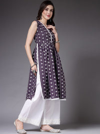Thumbnail for purple-v-neck-geometric-dyed-thread-work-anarkali-kurta