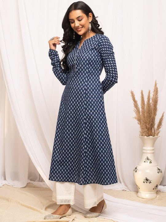 Floral Printed Notch Collar Thread Work Cotton A-Line Kurta