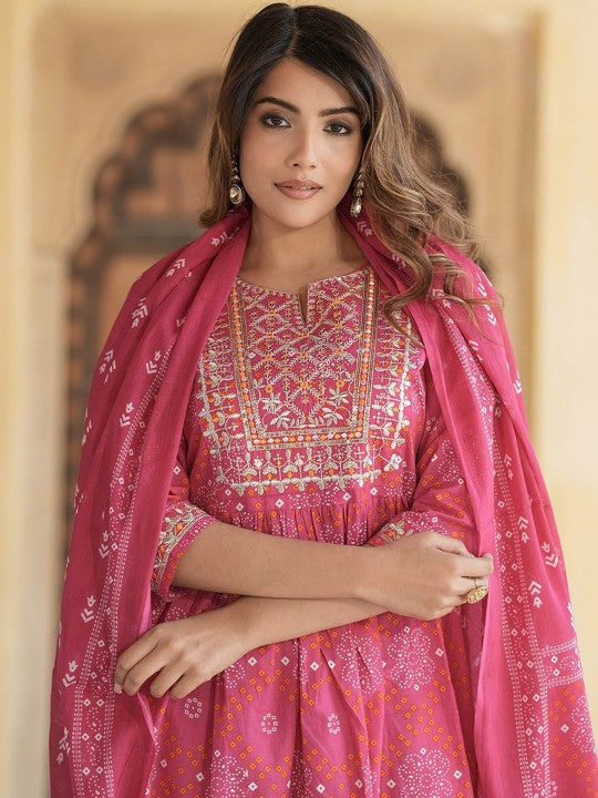 Notch Neck Bandhani Embroidered Regular Thread Work Pure Cotton Kurta Set