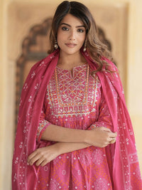 Thumbnail for Notch Neck Bandhani Embroidered Regular Thread Work Pure Cotton Kurta Set