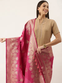 Thumbnail for pink-&-gold-toned-woven-design-pure-silk-dupatta-with-zari