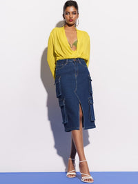 Thumbnail for blue-denim-cargo-pockets-midi-skirt