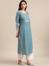 Thumbnail for women-blue-floral-print-straight-kurta-with-lace-detail