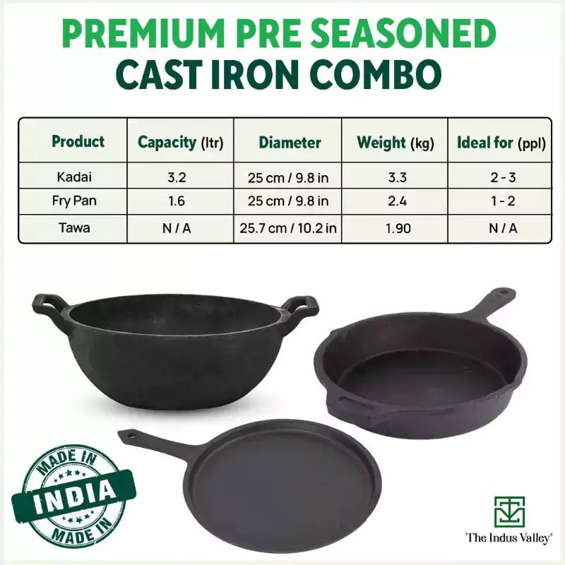 The Indus Valley CASTrong Cast Iron Cookware Set: Tawa+ Kadai+ Frypan, Kitchen Set for Home, Pre