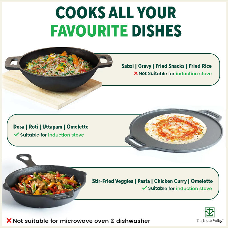 The Indus Valley CASTrong Cast Iron Cookware Set: Tawa+ Kadai+ Fry Pan, Kitchen Set for Home, Pre