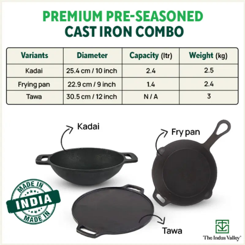 The Indus Valley CASTrong Cast Iron Cookware Set: Tawa+ Kadai+ Fry Pan, Kitchen Set for Home, Pre
