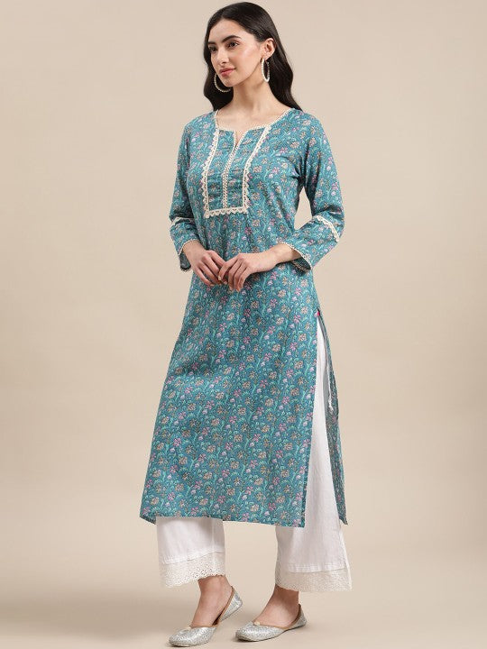 women-blue-floral-print-straight-kurta-with-lace-detail