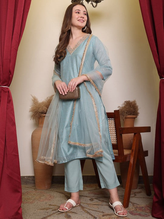 Floral Woven Design V-Neck Straight Kurta With Trouser & Dupatta