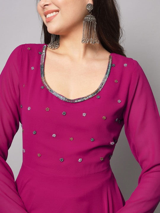 Women Burgundy Ethnic Motifs Georgette Anarkali Kurta