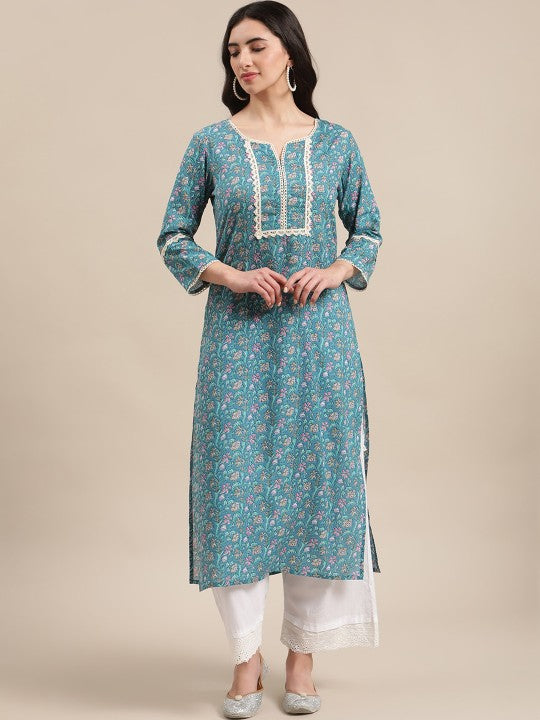women-blue-floral-print-straight-kurta-with-lace-detail