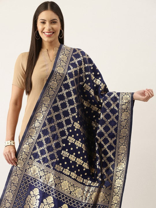 Pink & Gold-Toned Ethnic Motifs Woven Design Pure Banarasi Silk Dupatta