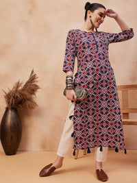 Thumbnail for Floral Printed Round Neck Pure Cotton Straight Kurta